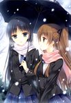  absurdres black_hair blue_eyes brown_hair highres holding holding_umbrella mitsu_king multiple_girls necktie ogiso_setsuna scan scarf school_uniform shared_umbrella skirt snowing sweater_vest touma_kazusa twintails umbrella upper_body white_album_2 