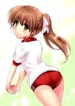  ass blush brown_eyes brown_hair buruma clannad from_behind gym_uniform hair_ornament hair_ribbon hairclip interlocked_fingers long_hair looking_back okazaki_ushio older ponytail ribbon shirt short_sleeves smile solo teenage zen 