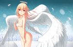  angel angel_wings areolae blonde_hair blush breasts convenient_censoring feathered_wings feathers forest halo long_hair nature navel nude orange_eyes original phantania revision small_breasts snow snowing solo wind wings 
