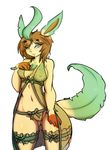  avante92 blush breasts camel_toe clothed clothing cute eeveelution female green_eyes hair invalid_tag leaf leafeon looking_at_viewer nintendo pok&#233;mon pok&eacute;mon pussy skimpy solo video_games 