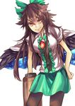  adapted_costume arm_cannon bad_id bad_pixiv_id bow brown_hair cape eyelashes feathered_wings green_skirt hair_between_eyes hair_ribbon leaning_forward looking_at_viewer maware_maware miniskirt pantyhose puffy_short_sleeves puffy_sleeves red_eyes reiuji_utsuho ribbon shirt short_sleeves skirt smile solo standing third_eye tight_shirt touhou weapon white_shirt wings 