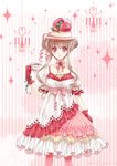  bow brown_hair choker cup double_bun dress food food_themed_clothes frills fruit gloves hat highres icing layered_dress original pantyhose pink_background pink_bow pink_eyes pink_legwear polka_dot polka_dot_dress ribbon_choker shiroya short_hair sidelocks smile solo standing strawberry teacup 