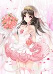  black_hair bouquet breasts choker dress flower frilled_dress frills hair_ornament holding jewelry juna long_hair looking_at_viewer medium_breasts million_arthur_(series) parted_lips petals pink_eyes pink_hair reaching ring rose smile solo wedding_band wedding_dress wrist_cuffs 