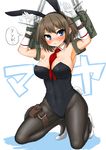  alternate_costume animal_ears bad_id bad_pixiv_id black_legwear blue_eyes blush breasts brown_hair bunny_ears bunny_girl bunny_tail bunnysuit cleavage dakku_(ogitsune) detached_collar gloves hair_ornament high_heels kantai_collection large_breasts leotard maya_(kantai_collection) pantyhose profanity short_hair simple_background smile solo tail translated white_background wrist_cuffs 