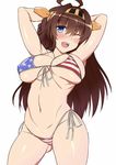  american_flag_bikini armpits arms_up bikini blue_eyes blush brown_hair flag_print hairband kantai_collection kongou_(kantai_collection) long_hair navel one_eye_closed sama_samasa solo swimsuit 