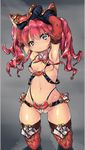  armor armpits arms_up belt bikini bikini_armor blue_eyes blush breasts cameltoe detached_sleeves gloves gui_(goo-gui) long_hair medium_breasts micro_bikini navel original red_hair solo string_bikini swimsuit thighhighs twintails 