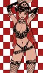  a4typhoon absurdres arms_up belt bondage_outfit breasts corset dominatrix elbow_gloves fishnet_legwear fishnets gloves goggles goggles_around_neck hat highres large_breasts long_hair navel navel_piercing open_mouth original panties piercing red_hair solo star thighhighs underwear 