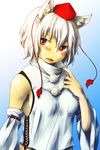  animal_ears bare_shoulders blush breasts detached_sleeves gradient gradient_background hat inubashiri_momiji looking_away medium_breasts no_bra open_mouth pom_pom_(clothes) red_eyes sachi_(y0sh1sach1) short_hair sideboob silver_hair solo tokin_hat touhou wolf_ears 