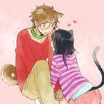  1girl animal_ears black_hair brown_eyes brown_hair casual cat_ears collar couple dog_ears hetero indian_style kemonomimi_mode kitashirakawa_tamako long_hair momose_(oqo) ooji_mochizou short_hair sitting striped striped_hoodie tail tamako_market 