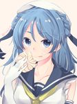  :q artist_name bad_id bad_pixiv_id blue_eyes blue_hair doughnut eating food french_cruller gloves hat highres kantai_collection looking_at_viewer momoirone school_uniform serafuku short_hair sketch sleeves_rolled_up solo tongue tongue_out urakaze_(kantai_collection) white_gloves white_hat yellow_neckwear 