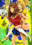  2girls australia ball blonde_hair brazuca breasts brown_eyes brown_hair cherry_in_the_sun cleavage crop_top earrings green_eyes highres jewelry long_hair looking_at_viewer medium_breasts midriff multiple_girls open_mouth original personification shoes sneakers soccer soccer_ball soccer_uniform spain sportswear world_cup 