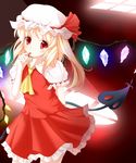  blonde_hair blood finger_in_mouth flandre_scarlet hat hat_ribbon head_tilt highres laevatein looking_at_viewer mob_cap popomu red_eyes ribbon side_ponytail solo touhou wings 