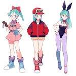  animal_ears aqua_hair bare_shoulders belt blue_eyes bow bowtie braid breasts bulma bunny_ears bunny_girl bunnysuit character_name cleavage costume_chart cross-laced_footwear detached_collar dragon_ball dragon_ball_(classic) dragon_radar full_body gum_(gmng) hand_on_hip hands_in_pockets hat leotard long_hair looking_at_viewer medium_breasts multiple_views name_tag pantyhose ponytail shoes short_hair simple_background single_braid skirt smile white_background wrist_cuffs 