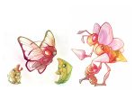  antennae bee beedrill bug butterfly butterfree caterpie commentary creature creatures_(company) english_commentary evolution eye_contact fangs flying francis_lumanog game_freak gen_1_pokemon holding holding_pokemon horn insect kakuna looking_at_another metapod nintendo no_humans orange_eyes pink_eyes pokemon pokemon_(creature) simple_background standing standing_on_one_leg weedle white_background 