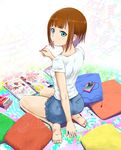  aqua_eyes ass bad_anatomy barefoot brown_hair casual cellphone cushion earbuds earphones earphones_removed feet food food_in_mouth kousaka_yukiho looking_back love_live! love_live!_school_idol_project magazine mouth_hold musical_note phone pillow pocky seiza shirt short_hair short_shorts shorts sitting smartphone soles solo strawberry_pocky t-shirt tsuyadashi_shuuji 
