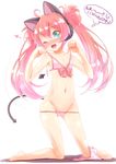  ahoge animal_ears bad_id bad_pixiv_id barefoot bat_wings bemani bikini bikini_lift bikini_pull blue_eyes blush cameltoe cat_ear_headphones cat_ears demon_tail fake_animal_ears fang flat_chest groin headphones hirose_madoka kneeling lifted_by_self long_hair nagisa_(bemani) navel one_eye_closed pink_hair shorts shorts_around_one_leg smile solo swimsuit tail wings 