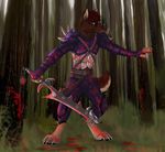  blood brown_fur canine chasington forest fur grass looking_away male mammal standing sword tree weapon yellow_eyes 