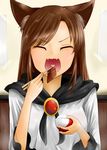  animal_ears bowl breasts brown_hair closed_eyes dress eating fangs food heart imaizumi_kagerou jewelry kaisenpurin long_hair long_sleeves meat medium_breasts open_mouth rice rice_bowl solo touhou wolf_ears 