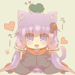  animal_ears blue_eyes broccoli cat_ears cat_tail chibi coat dress food hair_ornament hazuki_ruu heart kemonomimi_mode long_hair long_sleeves looking_at_viewer open_clothes open_coat open_mouth paw_print purple_dress purple_hair sitting smile solo tail twintails vegetable very_long_hair vocaloid voiceroid yuzuki_yukari 