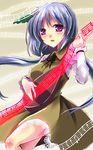  beamed_eighth_notes biwa_lute blue_eyes dress eighth_note flower frilled_sleeves frills green_dress hair_flower hair_ornament instrument long_dress long_hair long_sleeves looking_at_viewer lute_(instrument) musical_note purple_eyes quarter_note smile solo staff_(music) touhou tsukumo_benben twintails yamu_(reverse_noise) 