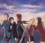  3boys amano_maya black_hair blonde_hair blue_hair breath brown_hair gakuran kurosu_jun lisa_silverman mishina_eikichi multiple_boys multiple_girls persona persona_2 scarf school_uniform suou_tatsuya taa_(acid) 