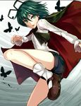  antennae ascot bug butterfly cape green_eyes green_hair insect kicking mary_janes nakaichi_(ridil) shoes short_hair shorts solo thighs touhou wriggle_nightbug 