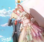  anthro bald blush breasts canine cute dress duo faceless_male female fur gloves human male mammal necktie open_mouth smile suite tamanosuke wedding wedding_dress 