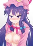  blush breasts cleavage coat crescent hair_ribbon hat large_breasts long_hair long_sleeves masu_193 mob_cap naked_coat nipples open_clothes open_coat patchouli_knowledge purple_eyes purple_hair ribbon solo touhou tress_ribbon upper_body very_long_hair wavy_mouth 