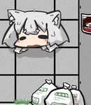  ahoge animal_ears bad_id bad_pixiv_id blush_stickers closed_eyes fang himekaidou_hatate inubashiri_momiji inunoko. open_mouth poster_(object) short_hair silver_hair touhou trash_bag wolf_ears 