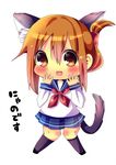  animal_ears blush brown_eyes brown_hair cat_ears cat_tail chibi chocolat_(momoiro_piano) folded_ponytail hair_up inazuma_(kantai_collection) kantai_collection kemonomimi_mode looking_at_viewer nanodesu_(phrase) neckerchief open_mouth school_uniform serafuku shirt simple_background skirt smile solo tail translated white_background 