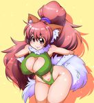  animal_ears breasts brown_eyes cat_ears cleavage cleavage_cutout hands_on_hips highres large_breasts leaning_forward long_hair navel navel_cutout perisie_(star_ocean) ponytail red_hair ryoi shiny shiny_skin slit_pupils smile solo star_ocean star_ocean_first_departure very_long_hair wide_hips yellow_background 