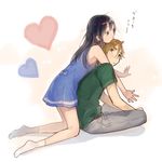  1girl black_hair blue_eyes brown_eyes brown_hair casual couple hetero hug hug_from_behind indian_style kitashirakawa_tamako long_hair momose_(oqo) ooji_mochizou short_hair sitting tamako_market 