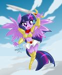  absurd_res anthro anthrofied armor boots breasts cleavage clothed clothing cloud danmakuman equine female flying friendship_is_magic gauntlets hair hi_res horn mammal multi-colored_hair my_little_pony outside purple_eyes purple_hair skirt skirts sky solo sword twilight_sparkle_(mlp) unconvincing_armor weapon winged_unicorn wings 
