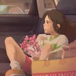  animated animated_gif blurry bouquet brown_eyes brown_hair car car_interior depth_of_field flower ground_vehicle ilya_kuvshinov long_hair motor_vehicle ogino_chihiro ponytail sen_to_chihiro_no_kamikakushi sitting solo 