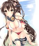  adapted_costume akairo_no_mako bikini breasts brown_eyes brown_hair cherry_blossoms flower hair_flower hair_ornament highres kantai_collection large_breasts long_hair ponytail single_thighhigh solo swimsuit thigh_strap thighhighs very_long_hair yamato_(kantai_collection) 