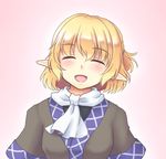  blonde_hair blush closed_eyes facing_viewer gradient gradient_background happy isaki_(gomi) leaning mizuhashi_parsee open_mouth pink_background pointy_ears scarf short_hair short_sleeves smile solo touhou vest white_scarf 