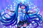  artist_name blue_eyes blue_hair bridal_gauntlets bug butterfly hatsune_miku headset indrix insect long_hair necktie open_mouth outstretched_arms saikono skirt solo spread_arms thighhighs twintails very_long_hair vocaloid 