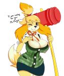  2018 animal_crossing anthro aronhilistix breasts canine cleavage clothed clothing digital_media_(artwork) dog female fur hammer hi_res isabelle_(animal_crossing) looking_at_viewer mammal nintendo piko_piko_hammer shih_tzu solo tools video_games weapon 