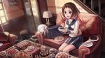  armoire bag box_of_chocolates bread brown_hair cabinet cake cat chocolate chocolate_cake cookie couch croissant cup food highres hyouka ibara_mayaka lamp pink_eyes plate school_bag short_hair stairs sunimu sweets teacup window 