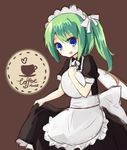  alternate_costume apron blue_eyes brown_background cup daiyousei eluthel english enmaided fairy_wings green_hair hair_ribbon heart looking_at_viewer maid maid_headdress object_hug open_mouth ribbon saucer short_hair side_ponytail sign simple_background sketch skirt skirt_hold solo touhou tray waitress wings 