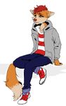  fox hair hoodie jeans kashoune male mammal open_mouth plain_background red_hair red_nose sitting solo striped_shirt white_background yellow_eyes 