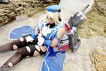  1girl airplane asian atago_(kantai_collection) atago_(kantai_collection)_(cosplay) battleship blonde_hair breasts cannon chouzuki_maryou cosplay gloves gun kantai_collection large_breasts military military_uniform personification photo plump solo torn_clothes uniform warship weapon 