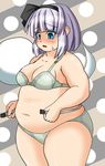  aqua_eyes bad_id bad_pixiv_id big_belly bra breasts double_chin fat konpaku_youmu konpaku_youmu_(ghost) medium_breasts nerizou obese open_mouth short_hair solo sweatdrop tape_measure touhou underwear weight_conscious white_hair 