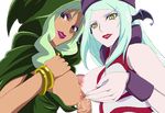  2girls bare_shoulders blue_hair bracelet breast_lift breasts breasts_outside censored chronoval cloak dokidoki!_precure dress eyebrows_visible_through_hair eyelashes eyeshadow green_dress green_eyes green_hair hat head_wings hetero hood hooded_cloak jewelry large_breasts lips lipstick long_hair looking_at_viewer majorina makeup mamo_(dokidoki!_precure) multiple_girls multiple_paizuri nipples open_mouth paizuri penis pointless_censoring precure purple_lipstick red_lipstick smile_precure! transparent_background upper_body yellow_eyes 