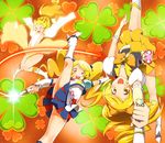  :d blonde_hair blush cure_honey earrings eyelashes glowing happinesscharge_precure! happy henshin highres jewelry kicking long_hair looking_at_viewer magical_girl multicolored multicolored_clothes multicolored_skirt multiple_girls multiple_persona oomori_yuuko open_mouth ponytail popcorn_cheer precure puffy_short_sleeves puffy_sleeves shirt short_sleeves skirt smile source_request teeth thighs twintails upside-down wide_ponytail wind wind_lift yellow_eyes yuto_(dialique) 
