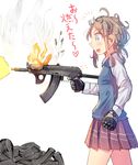  akmsu assault_rifle blue_eyes brown_hair cartridge daito fire gloves gun magazine_(weapon) original rifle school_uniform shell_casing short_hair solo translated weapon 