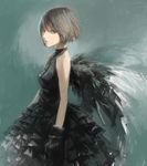  bare_shoulders black_dress black_gloves black_wings blue_background dress frills gloves green_eyes grey_hair highres lips nyanpe original short_hair simple_background sleeveless sleeveless_dress solo wings 