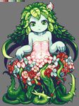  bare_shoulders blue_skin color_guide curtsey dress flat_chest flower green_eyes green_hair hair_ornament leaf long_hair monster_girl original parted_lips pixel_art plant plant_girl plant_hair sb_(coco1) solo thorns vines 