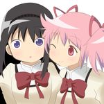  ;) absurdres akemi_homura black_hair blush bow hair_ribbon hairband highres kaname_madoka long_hair looking_at_another looking_at_viewer luminous_(madoka_magica) mahou_shoujo_madoka_magica multiple_girls one_eye_closed philip_(n1k2-j) pink_eyes pink_hair purple_eyes ribbon school_uniform short_hair short_twintails simple_background smile surprised twintails white_background yuri 