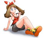  1girl arm_support artist_request bike_shorts blue_eyes blush breasts brown_hair hair_ribbon haruka_(pokemon) haruka_(pokemon)_(remake) looking_at_viewer medium_breasts nipples no_bra ossannoa pokemon pokemon_(game) pokemon_oras ribbon shirt simple_background sitting sleeveless sleeveless_shirt solo white_background 